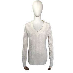 LOFT Cable Knit Sweater Wool Rabbit Hair Blend V Neck Cream M